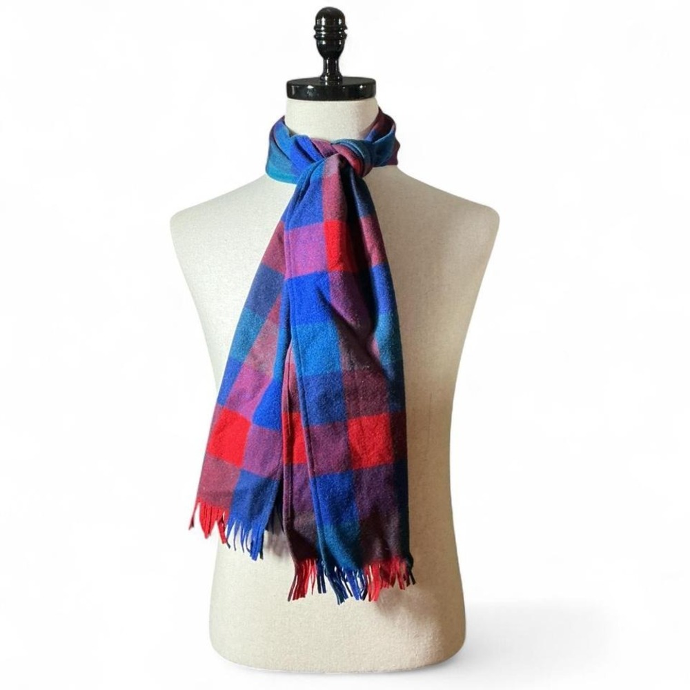 Pendleton Plaid Virgin Wool Scarf Blue Red Purple Fringe Preppy Winter Warm